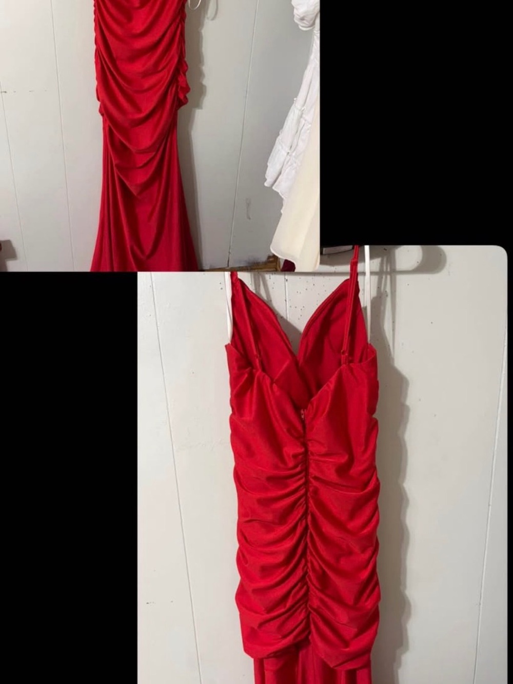 Red Ruched Spaghetti Strap Evening Dress